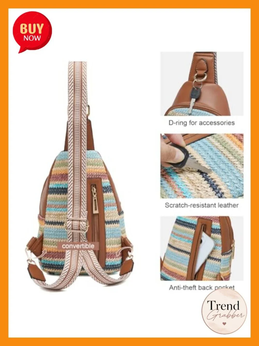 Vegan Leather Sling Bag Crossbody Rainbow Woven Straw for Women Travel